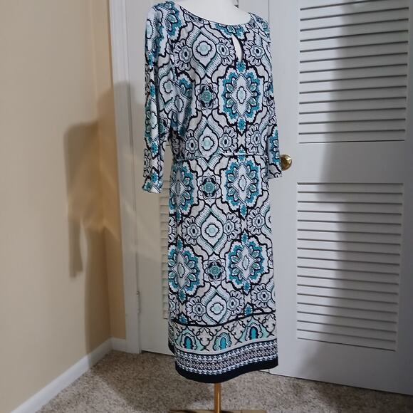 Liz Claiborne Large 5/8th-Sleeve Aqua/Black/White Geometric design Shift Dress - Picture 7 of 14